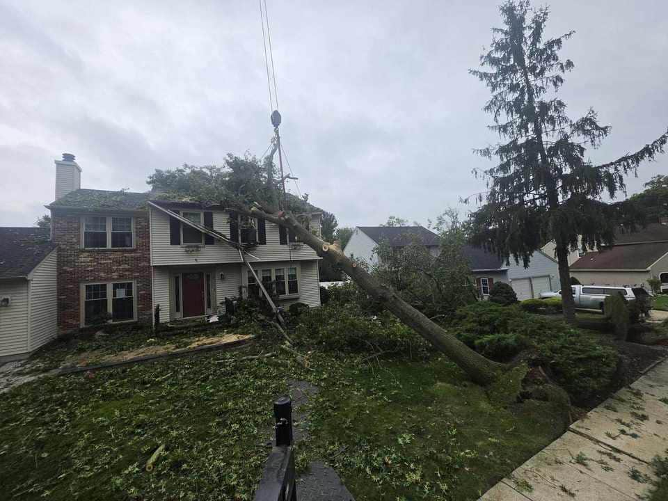 Crane assisting with storm tree removal near a home