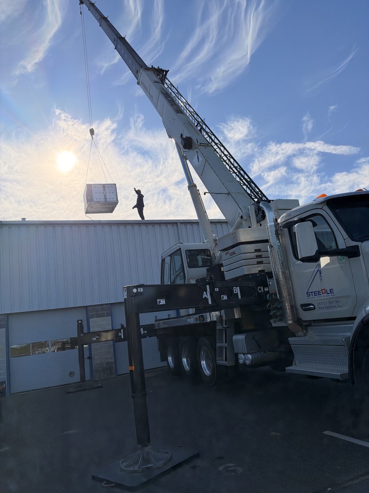 Truck crane lifting a rooftop unit in Egg Harbor Township, NJ
